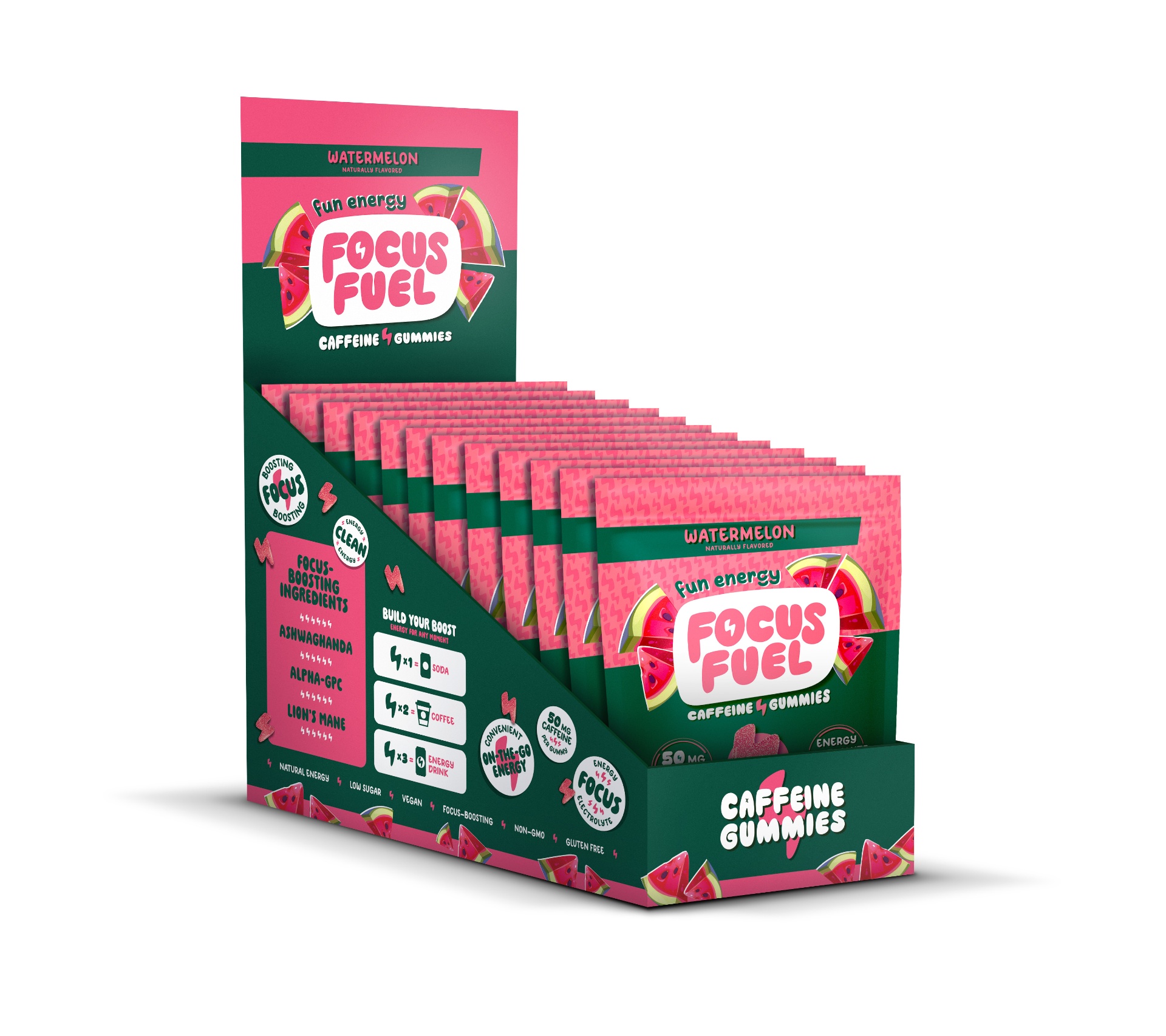 FocusFuel Watermelon retail caddy with 12 pouches